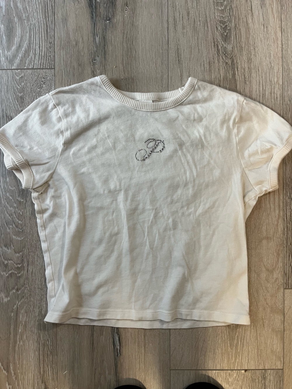 PINK Victoria's Secret Cream Short-Sleeve baby doll Tee with Rhinestone 'P'